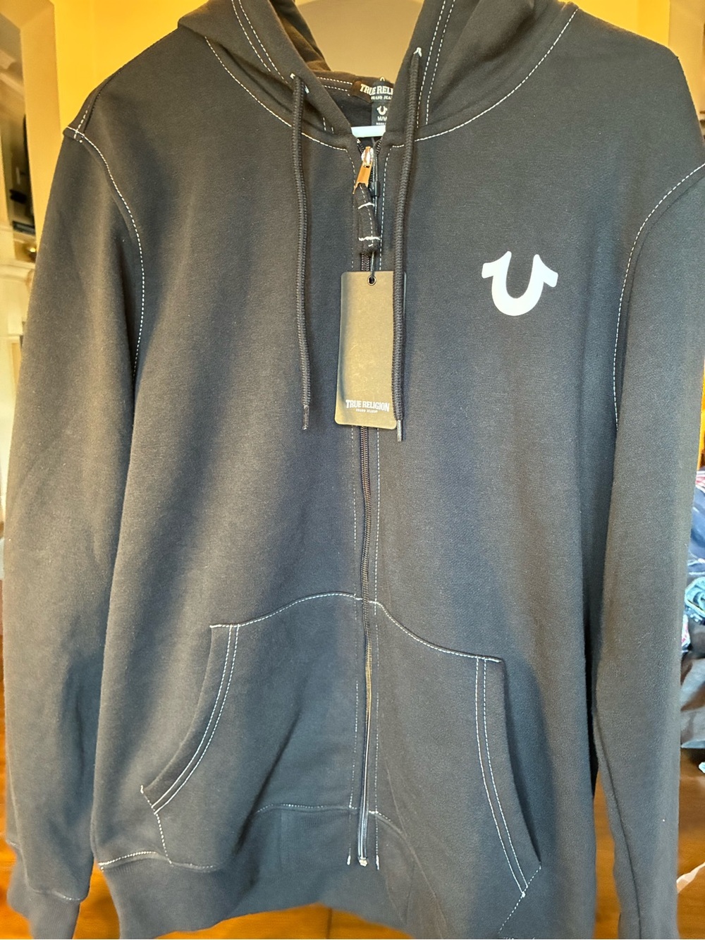 True Religion Black Zip-Up Hoodie with White Logo